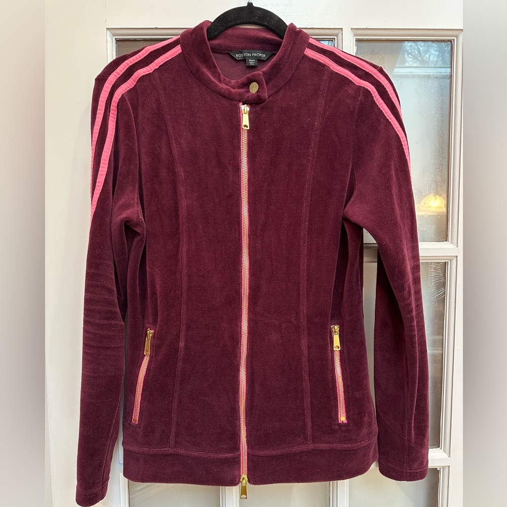 Boston Proper Sporty Burgundy & Pink Velour Zipper Track Jacket Size Small S